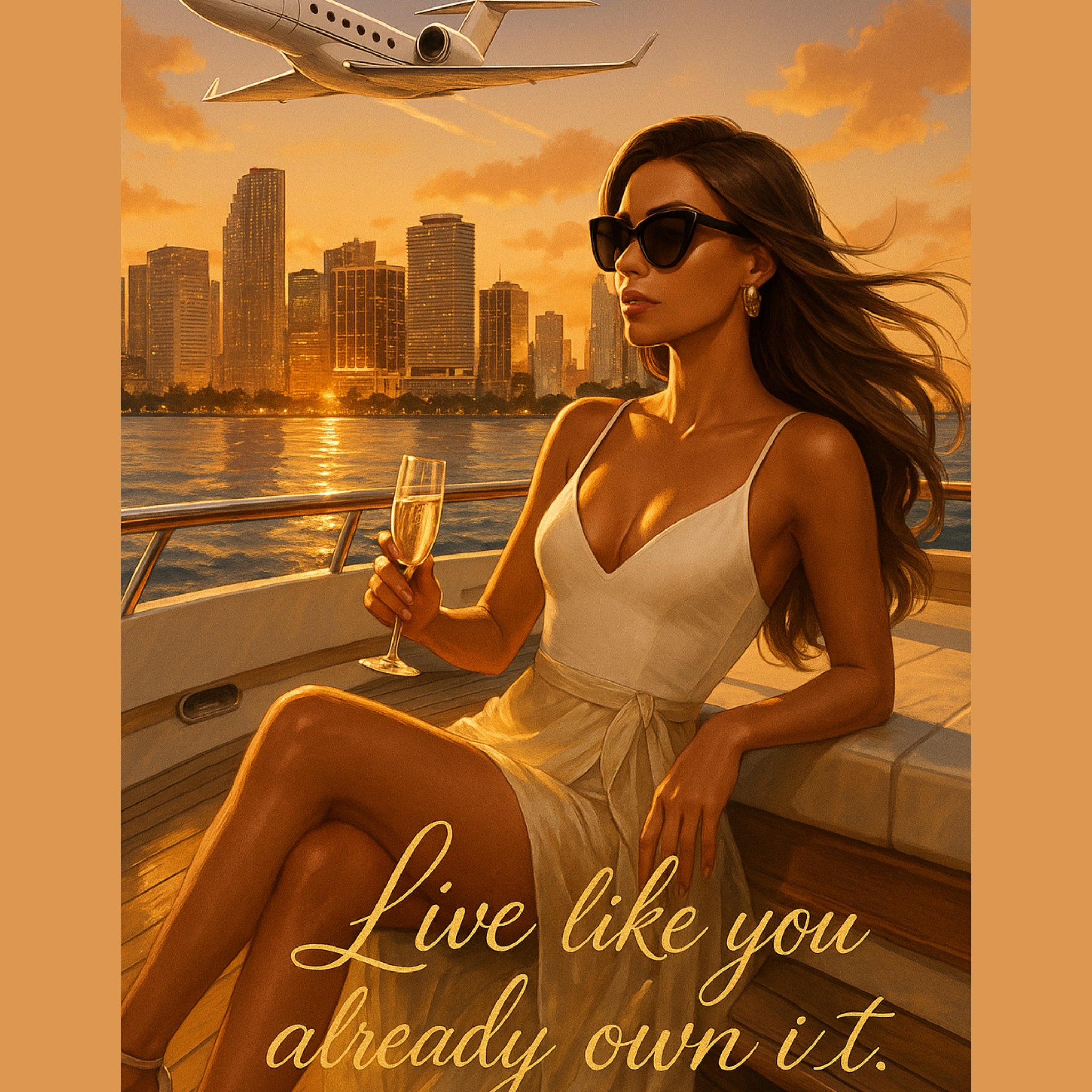Luxury Yacht Fashion Wall Art – Confident Woman Digital Print, Miami Glam Decor
