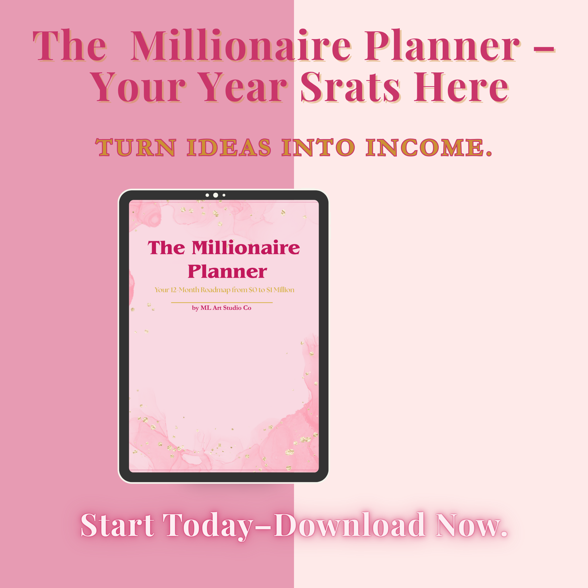 Promotional graphic for 'The Millionaire Planner' with a tablet displaying the planner on a pink background.