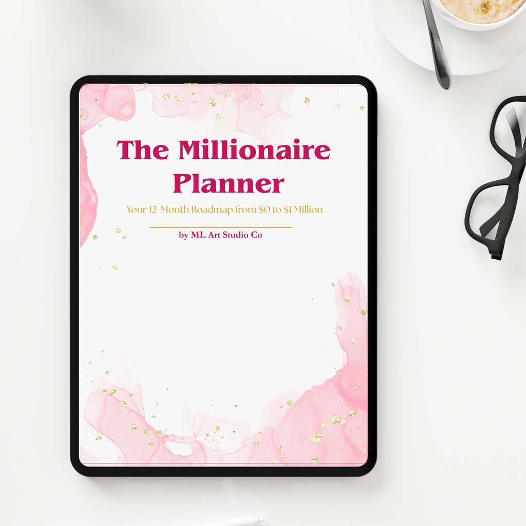 Digital mockup of 'The Millionaire Planner' on a tablet with a pink and white design.