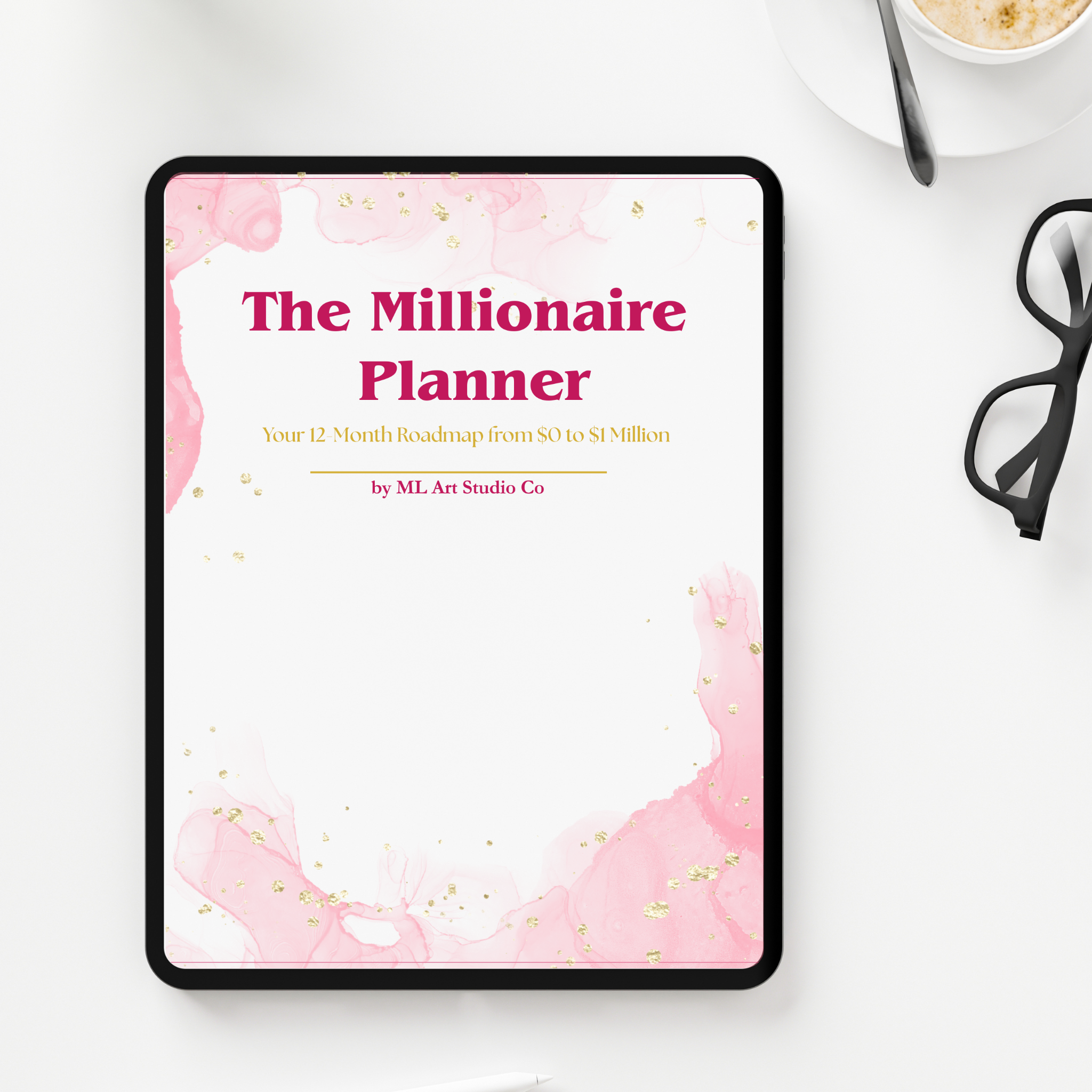 Digital mockup of 'The Millionaire Planner' on a tablet with a pink and white design.