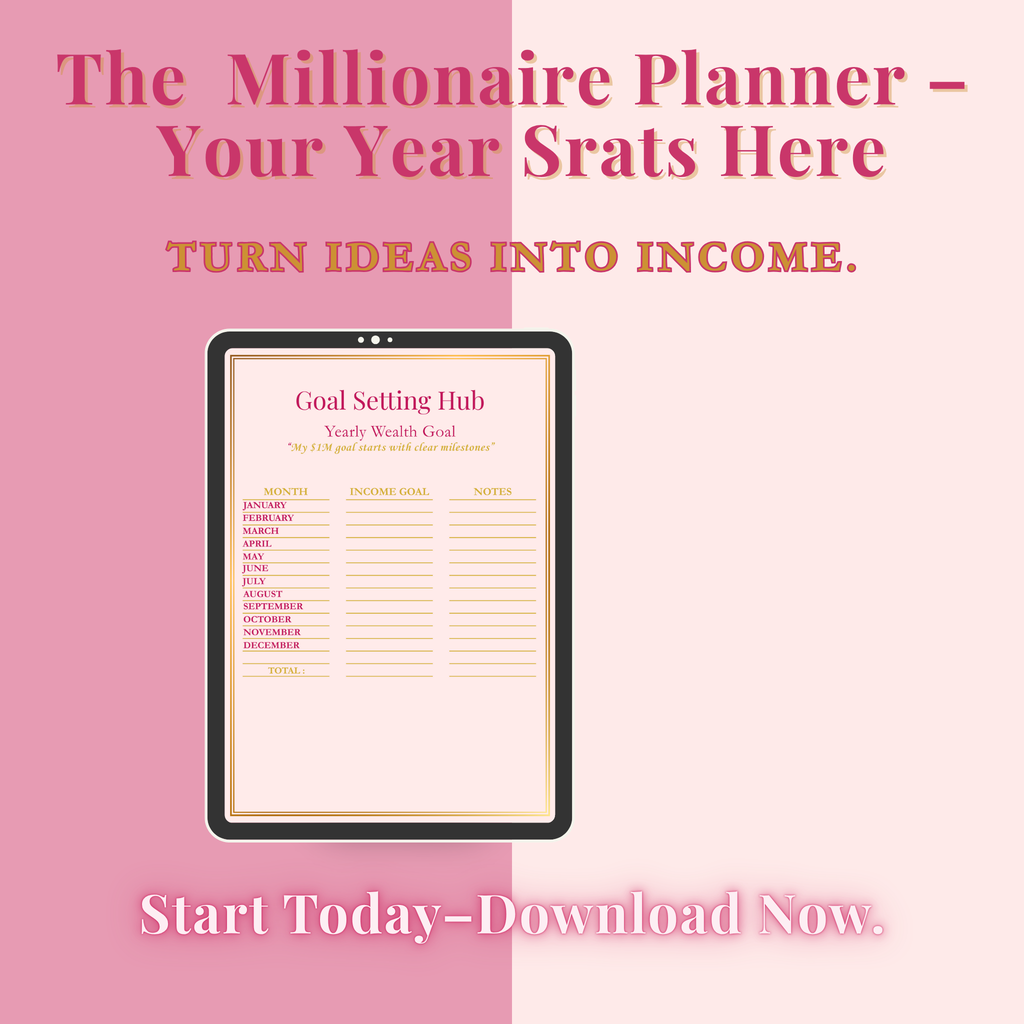 Promotional graphic for 'The Millionaire Planner' with a tablet displaying a goal setting hub on a pink and white background.