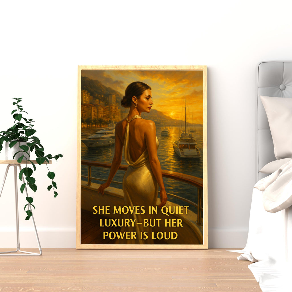 Elegant Woman in Monaco Wall Art – Digital Printable Luxury Poster, Fashionable Sunset Yacht Scene with Empowering Quote