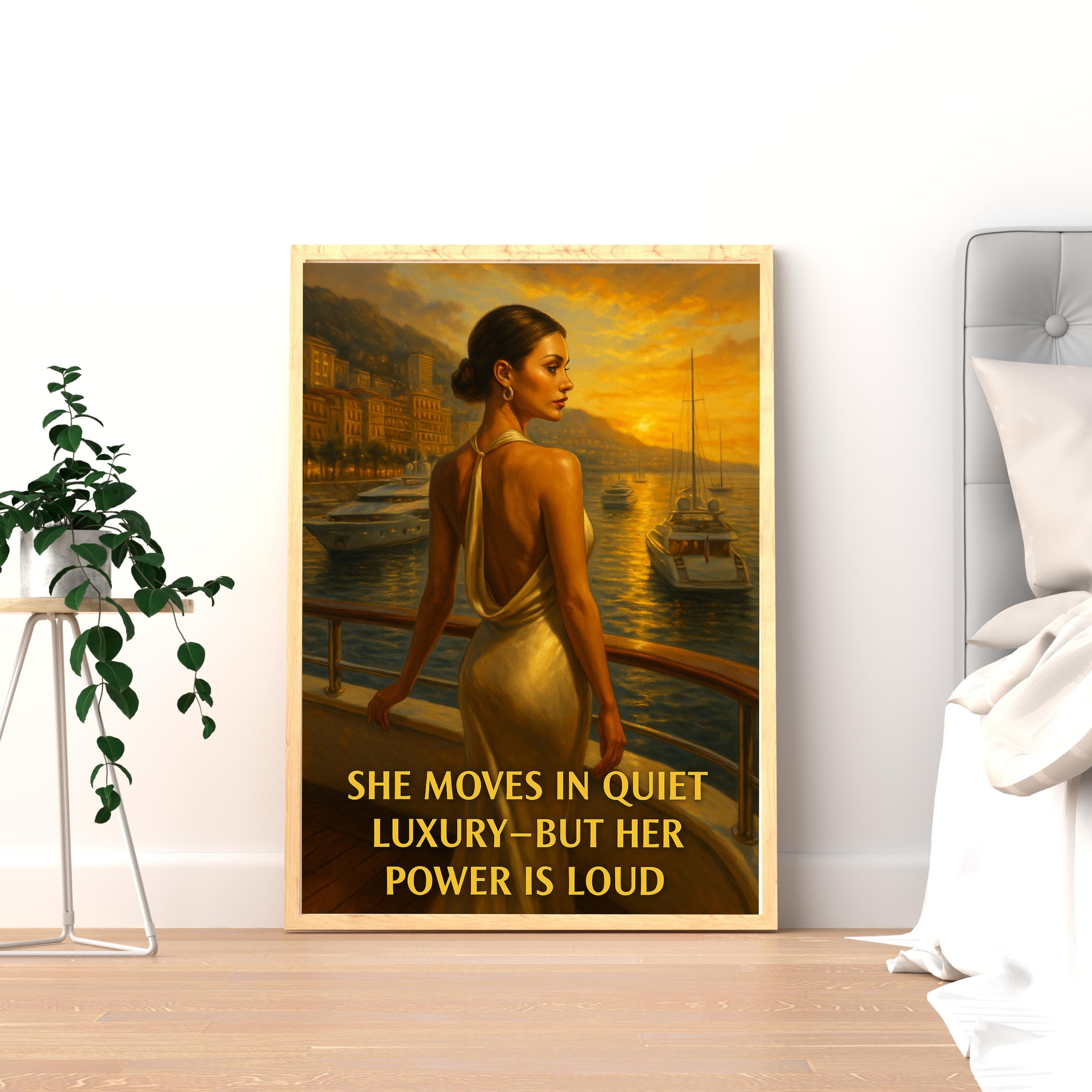 Elegant Woman in Monaco Wall Art – Digital Printable Luxury Poster, Fashionable Sunset Yacht Scene with Empowering Quote