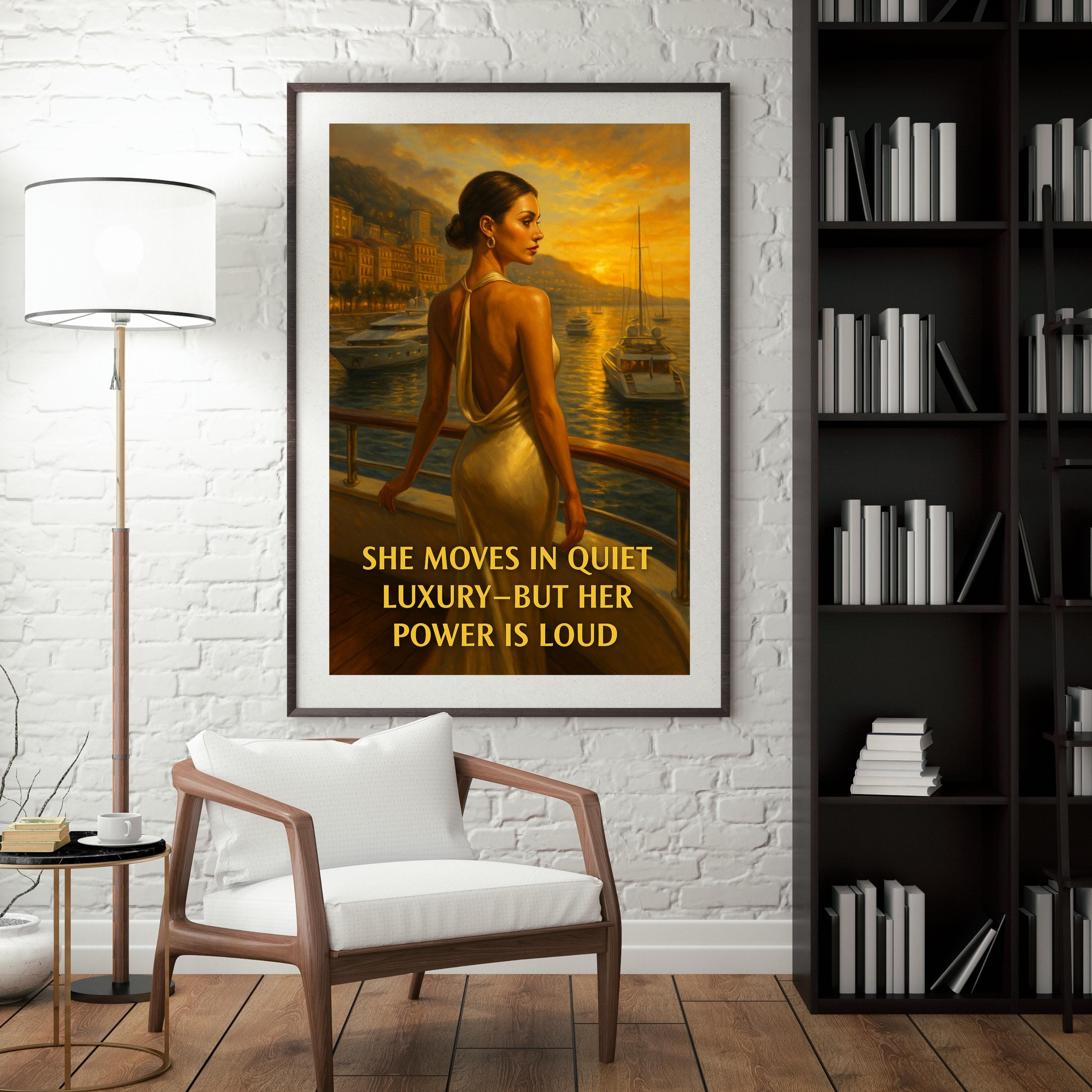 Elegant Woman in Monaco Wall Art – Digital Printable Luxury Poster, Fashionable Sunset Yacht Scene with Empowering Quote