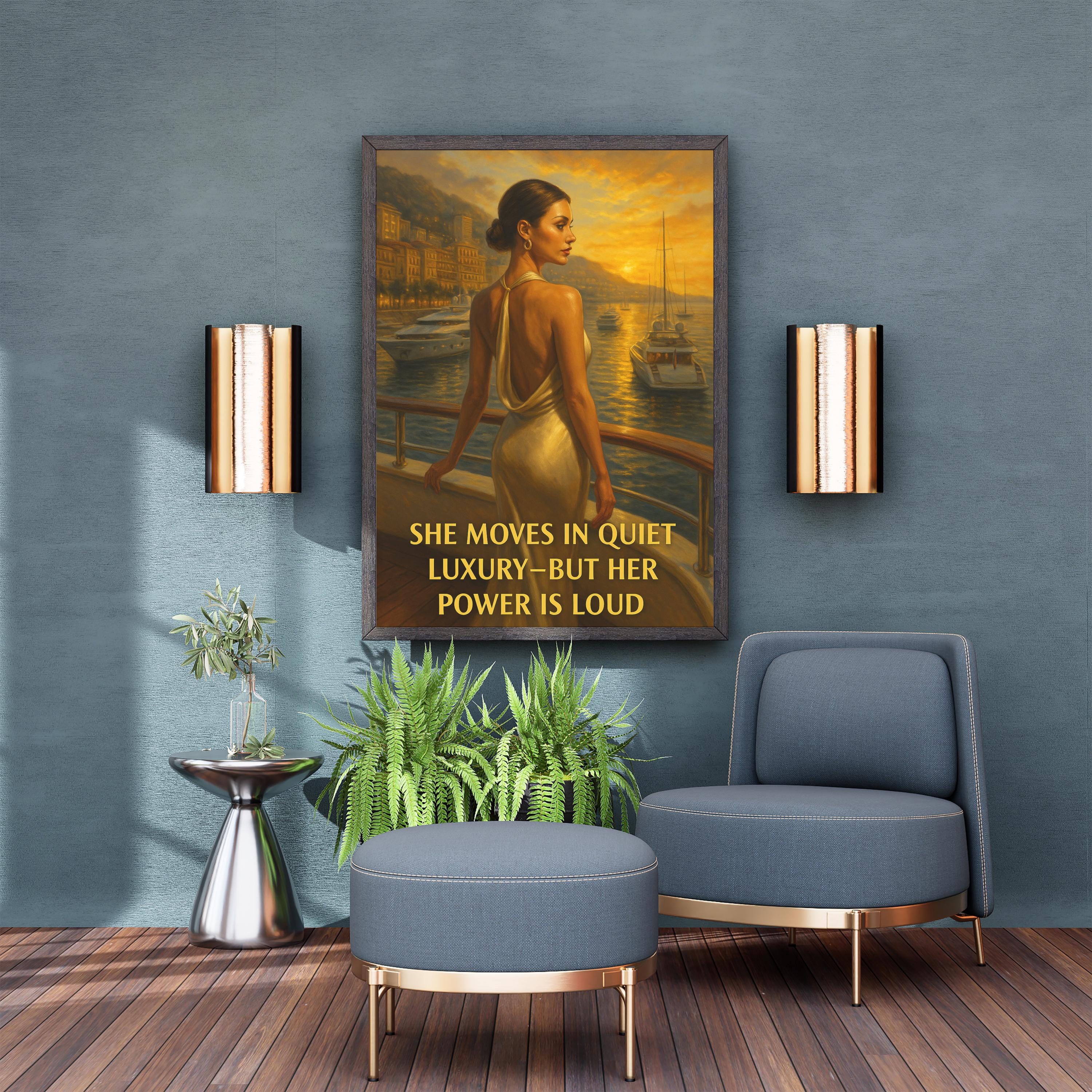 Elegant Woman in Monaco Wall Art – Digital Printable Luxury Poster, Fashionable Sunset Yacht Scene with Empowering Quote