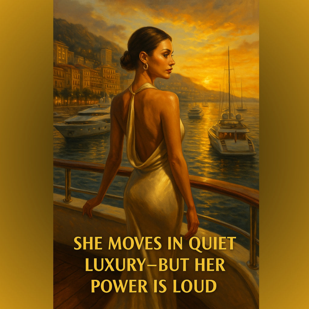 Woman in a elegant dress standing on a dock with boats and a sunset in the background.