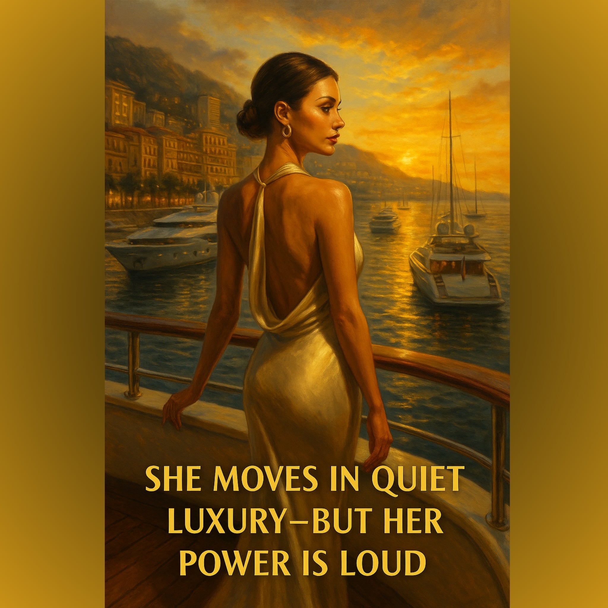 Woman in a elegant dress standing on a dock with boats and a sunset in the background.