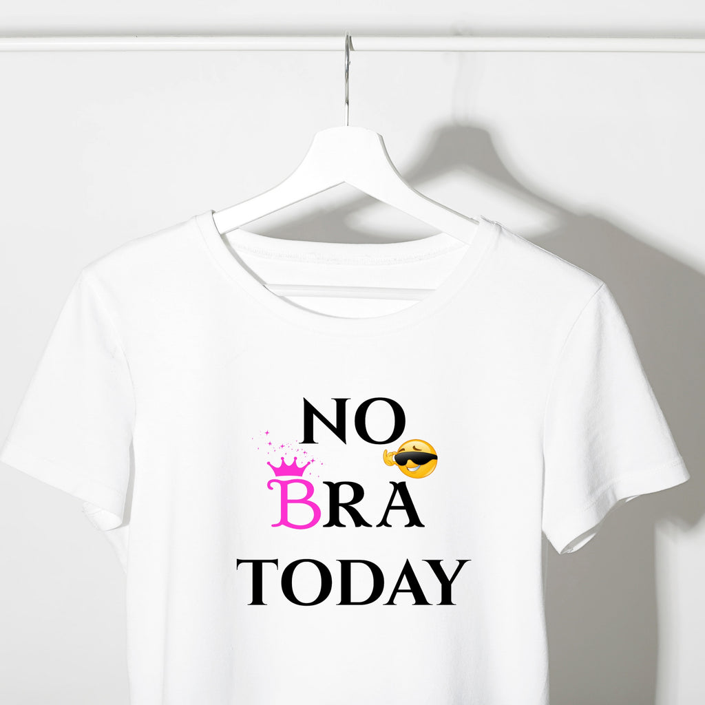 White t-shirt with 'NO BRA TODAY' text on a hanger against a white background