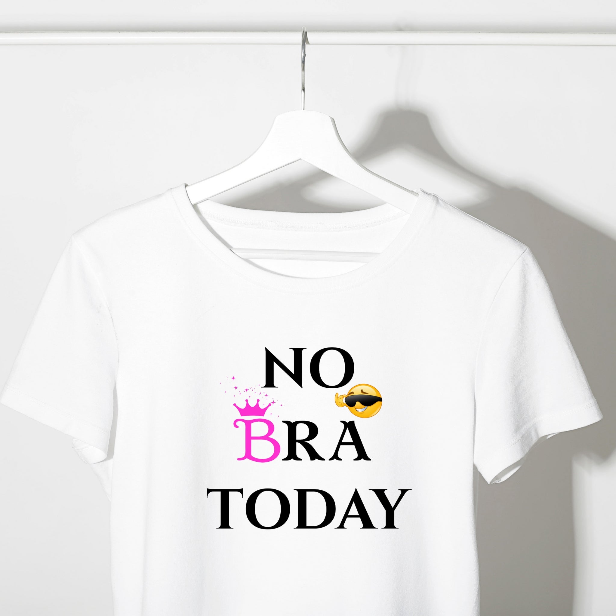White t-shirt with 'NO BRA TODAY' text on a hanger against a white background