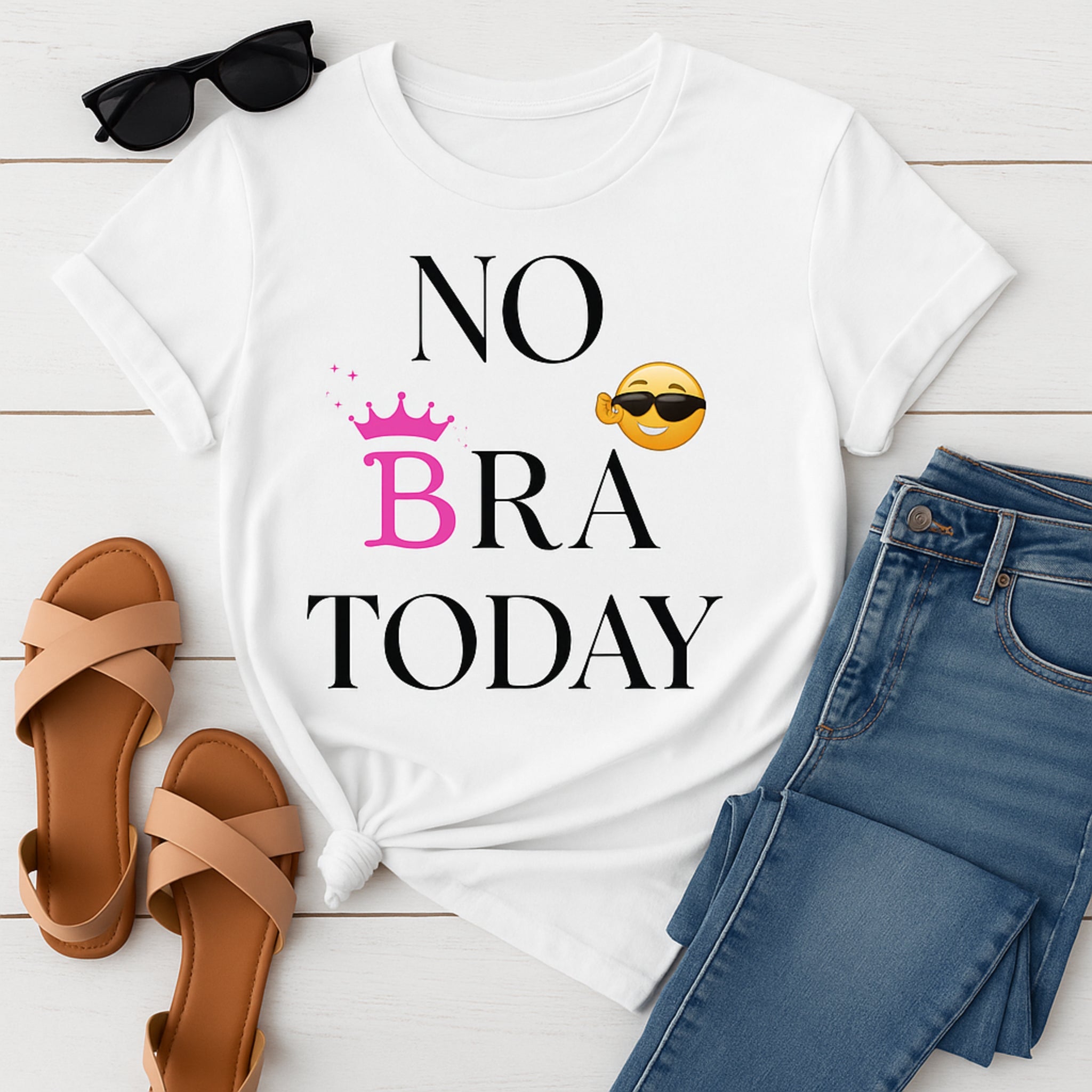 White t-shirt with 'NO BRA TODAY' text, sunglasses, sandals, and jeans on a wooden surface