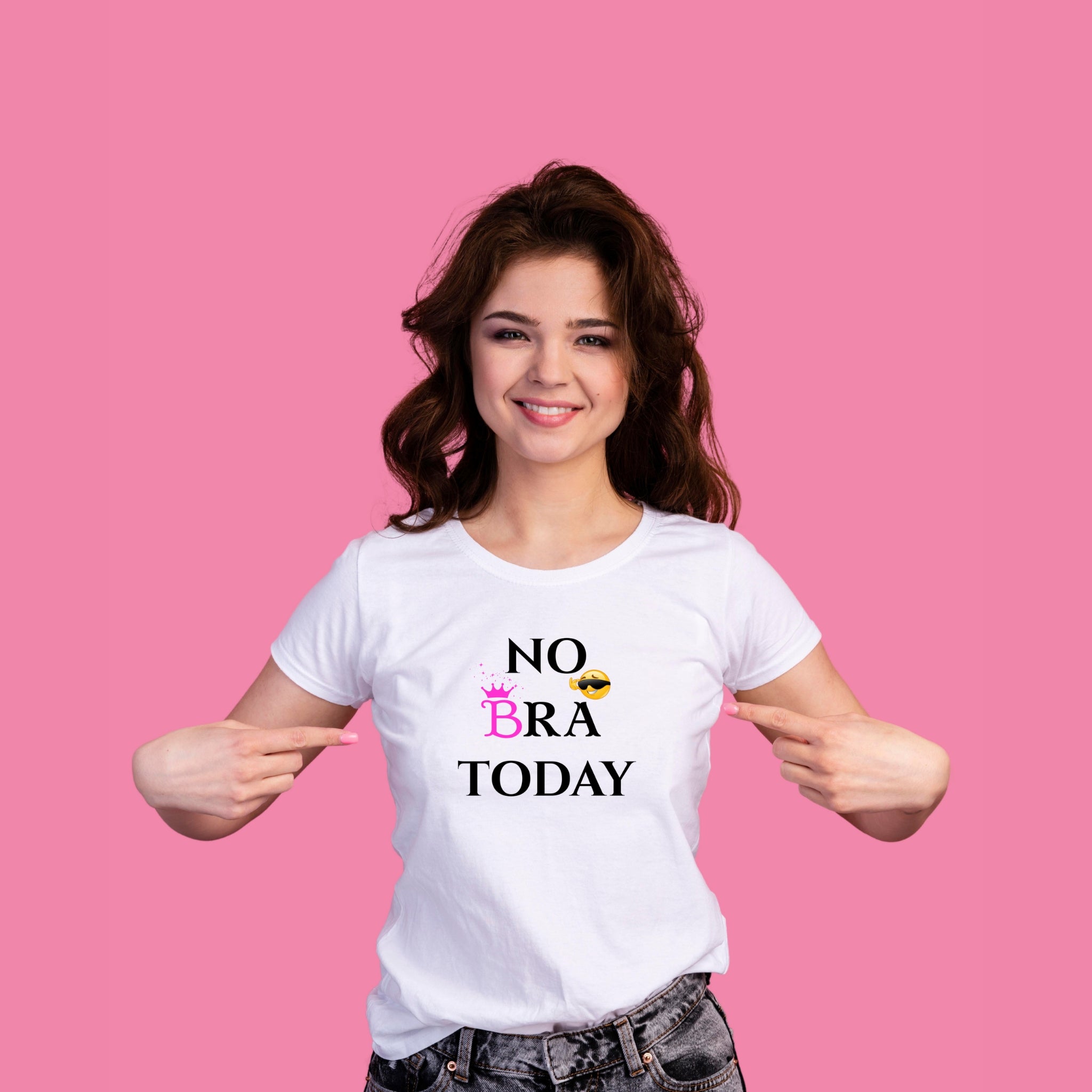 Woman wearing a white t-shirt with 'NO BRA TODAY' text on a pink background