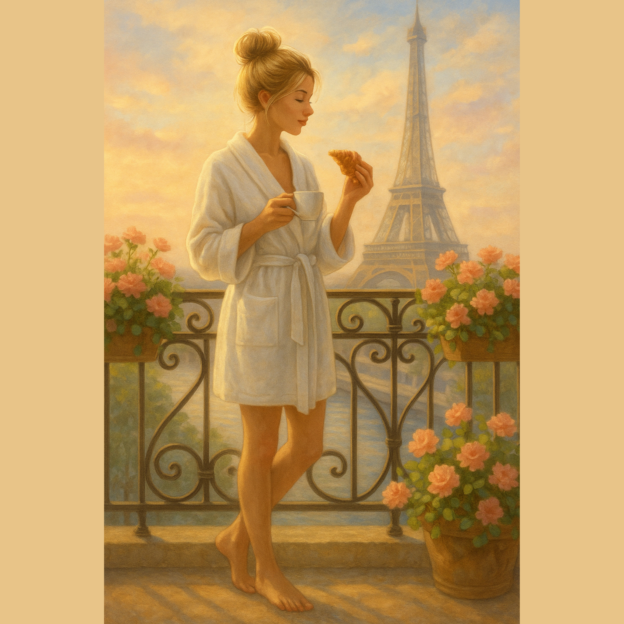 Woman in a bathrobe holding a cup and a croissant on a balcony with the Eiffel Tower in the background.