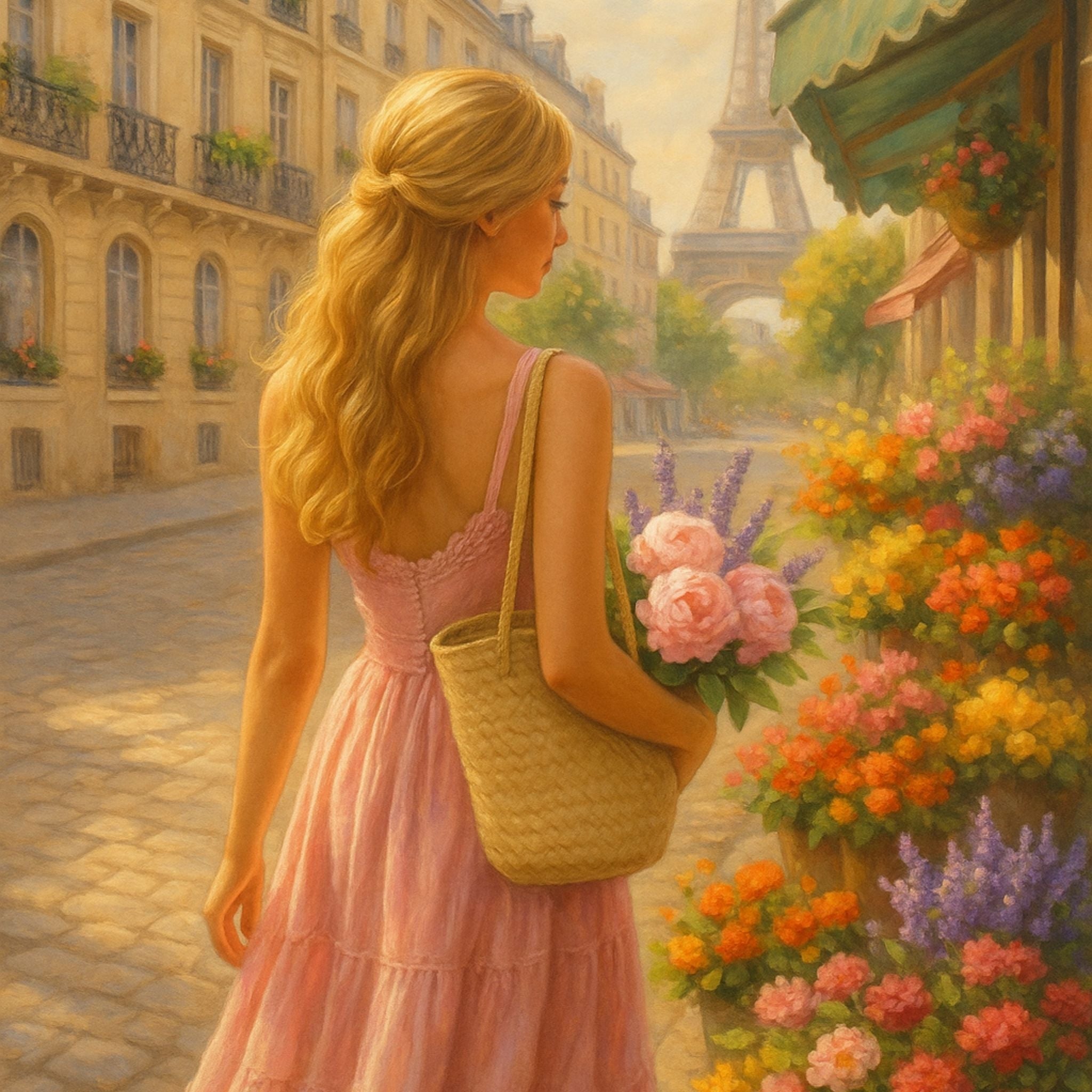 Woman in a pink dress with a yellow bag and flowers walking in a Parisian street with the Eiffel Tower in the background.