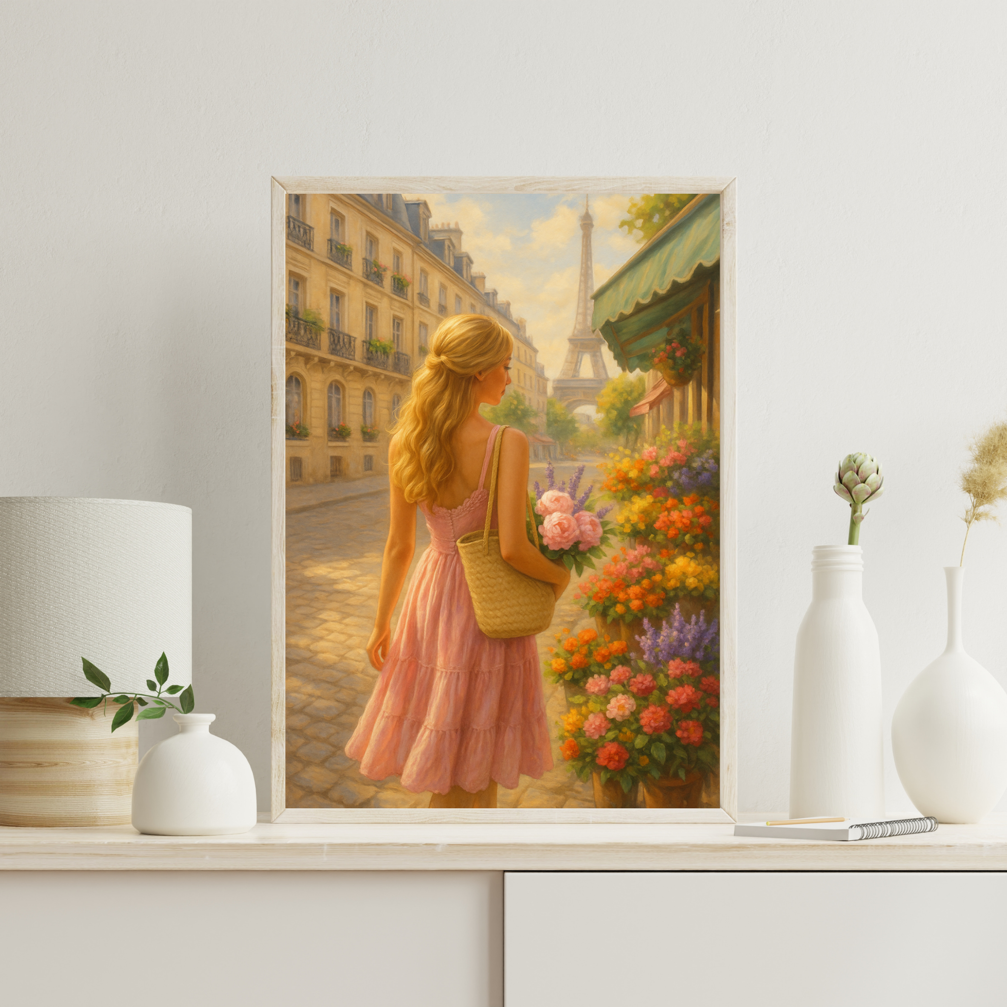 Framed artwork of a woman in a pink dress walking down a Paris street with the Eiffel Tower in the background.