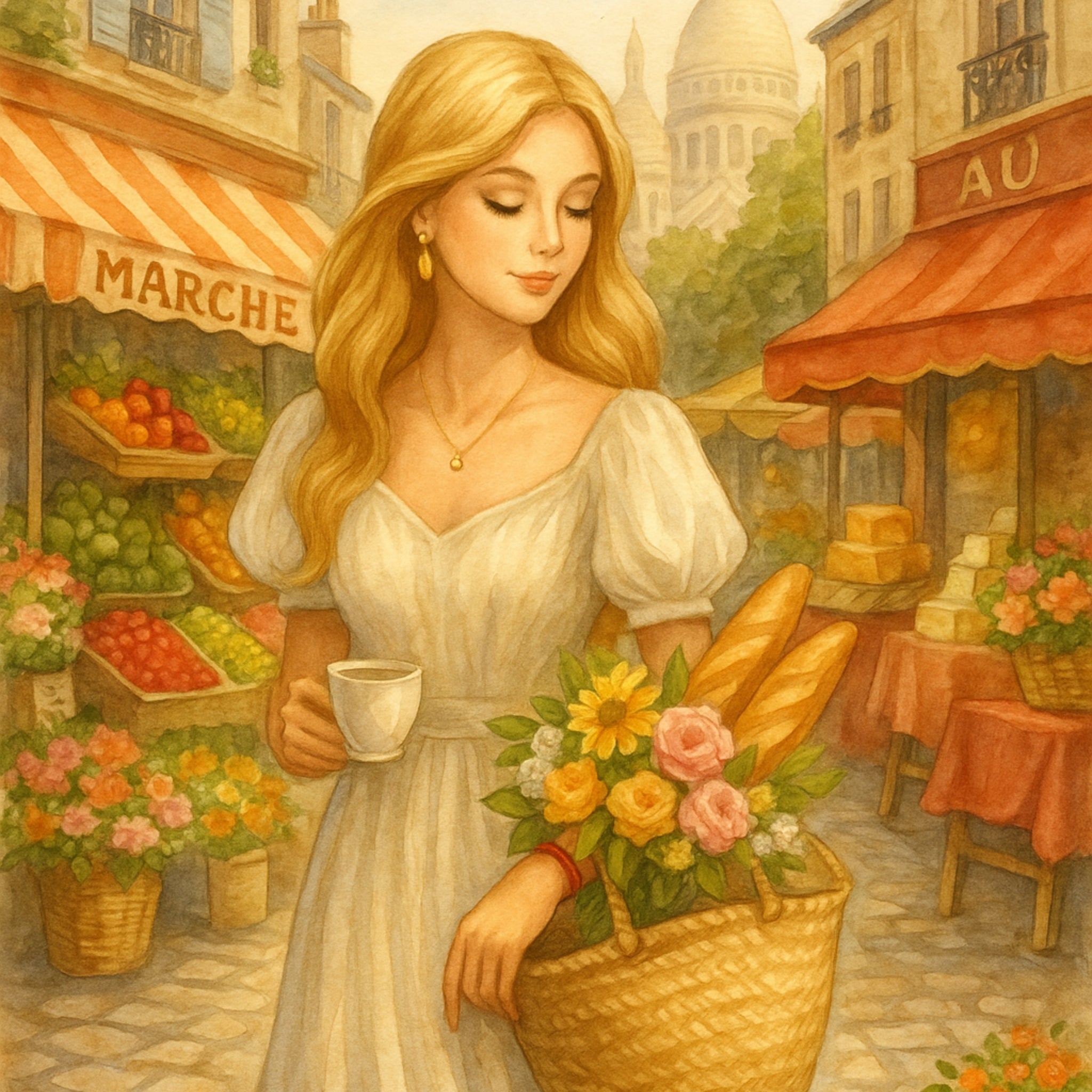 Parisian Market Morning | Blonde Woman with Coffee & Flowers | Romantic French Village Wall Art | Vintage Style Printable