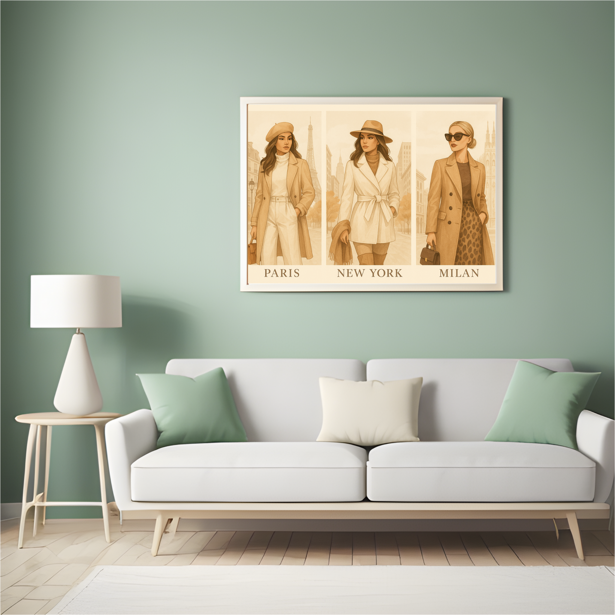 Poster of three women in different cities on a wall above a sofa with decorative pillows.