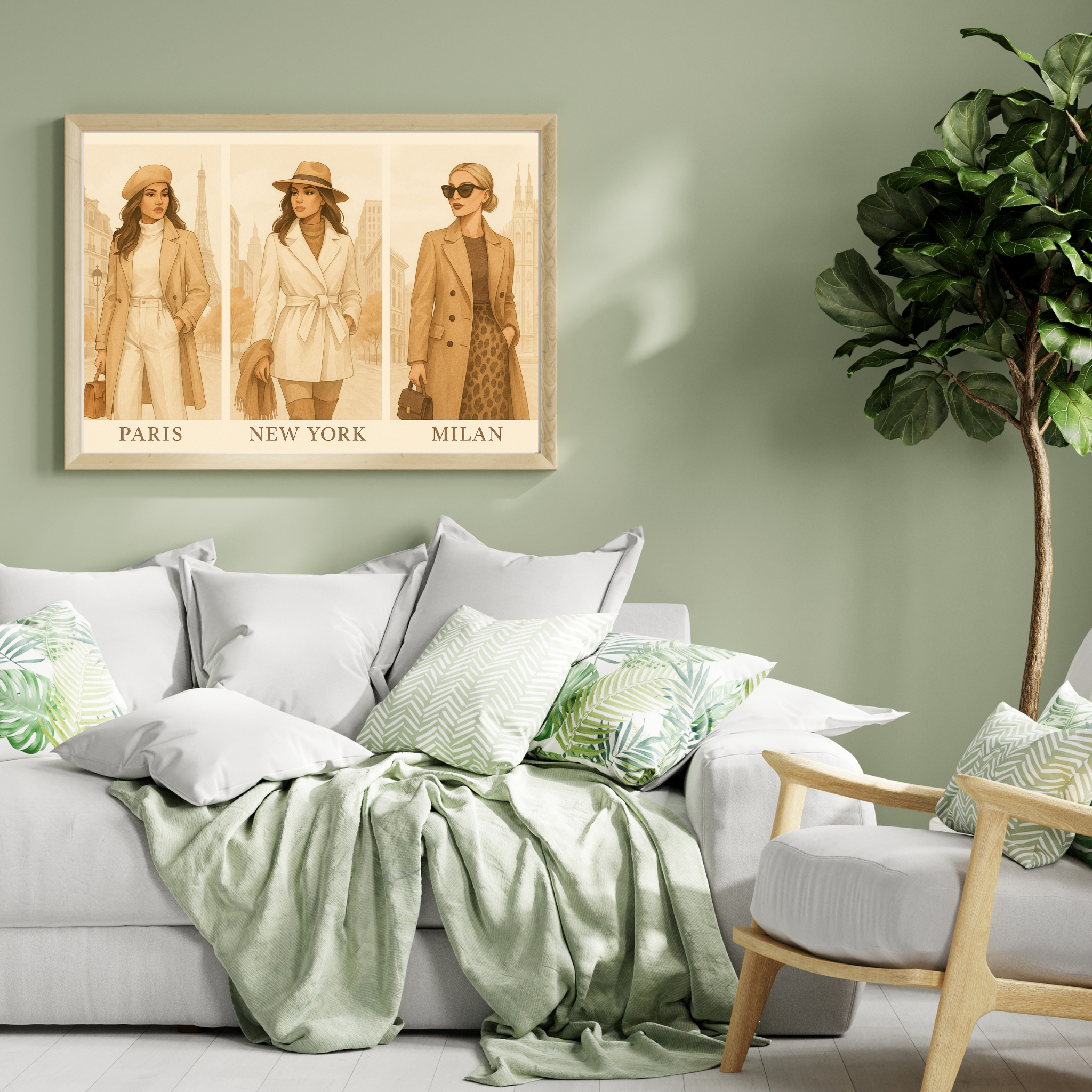 Living room with a sofa, chair, and decorative pillows, featuring a framed print of three women in different cities.