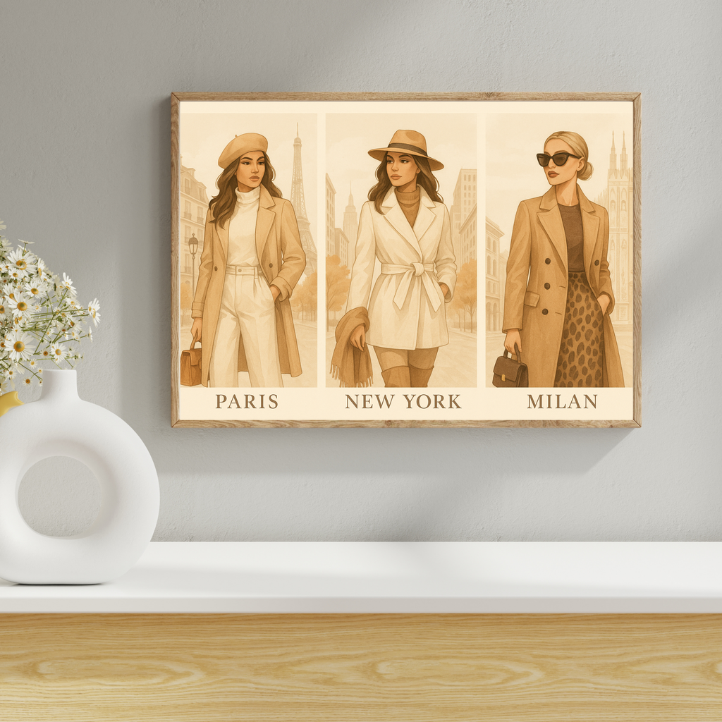 Framed artwork of three women in different cities with a vase and flowers on a shelf.