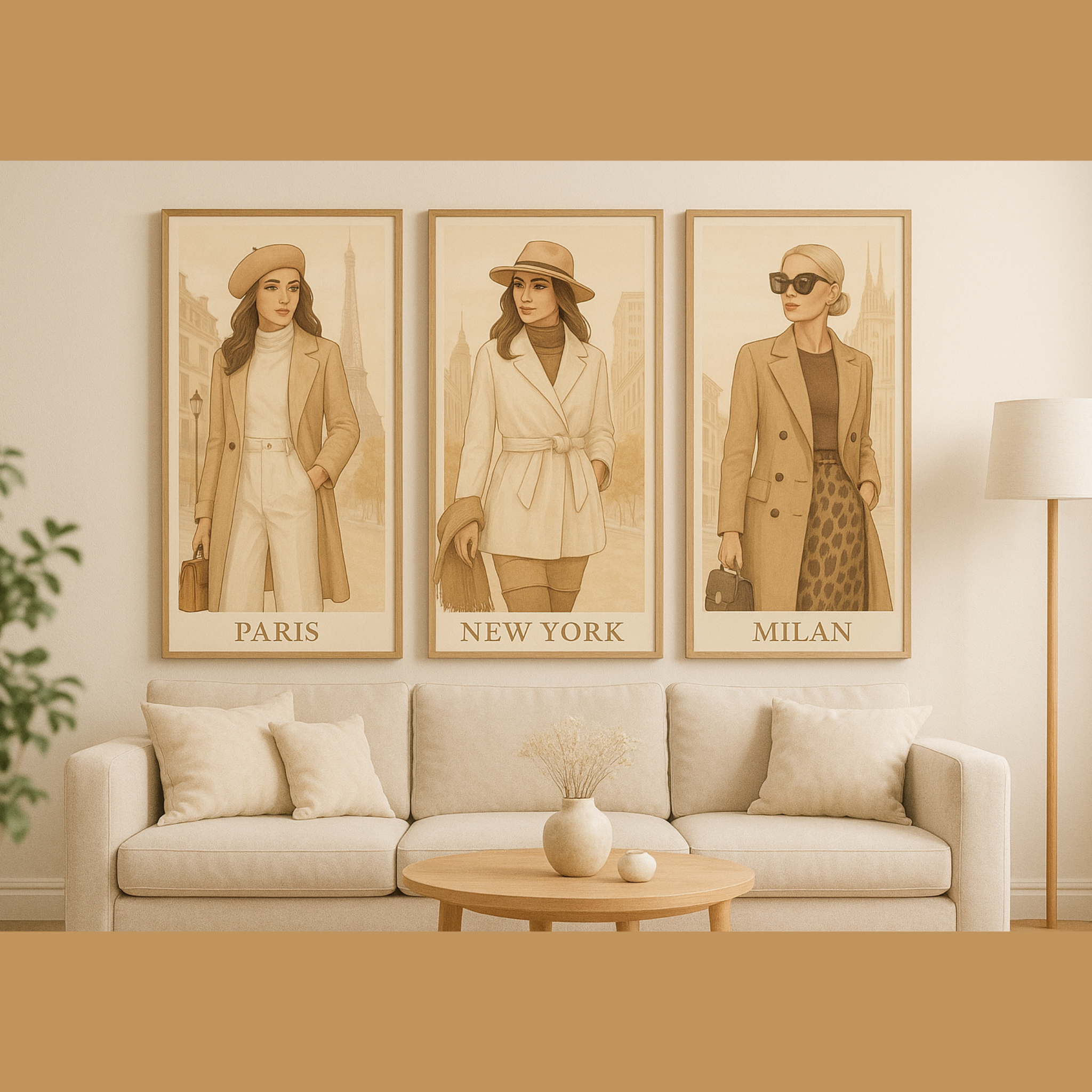Three framed illustrations of women in different cities on a wall above a sofa.