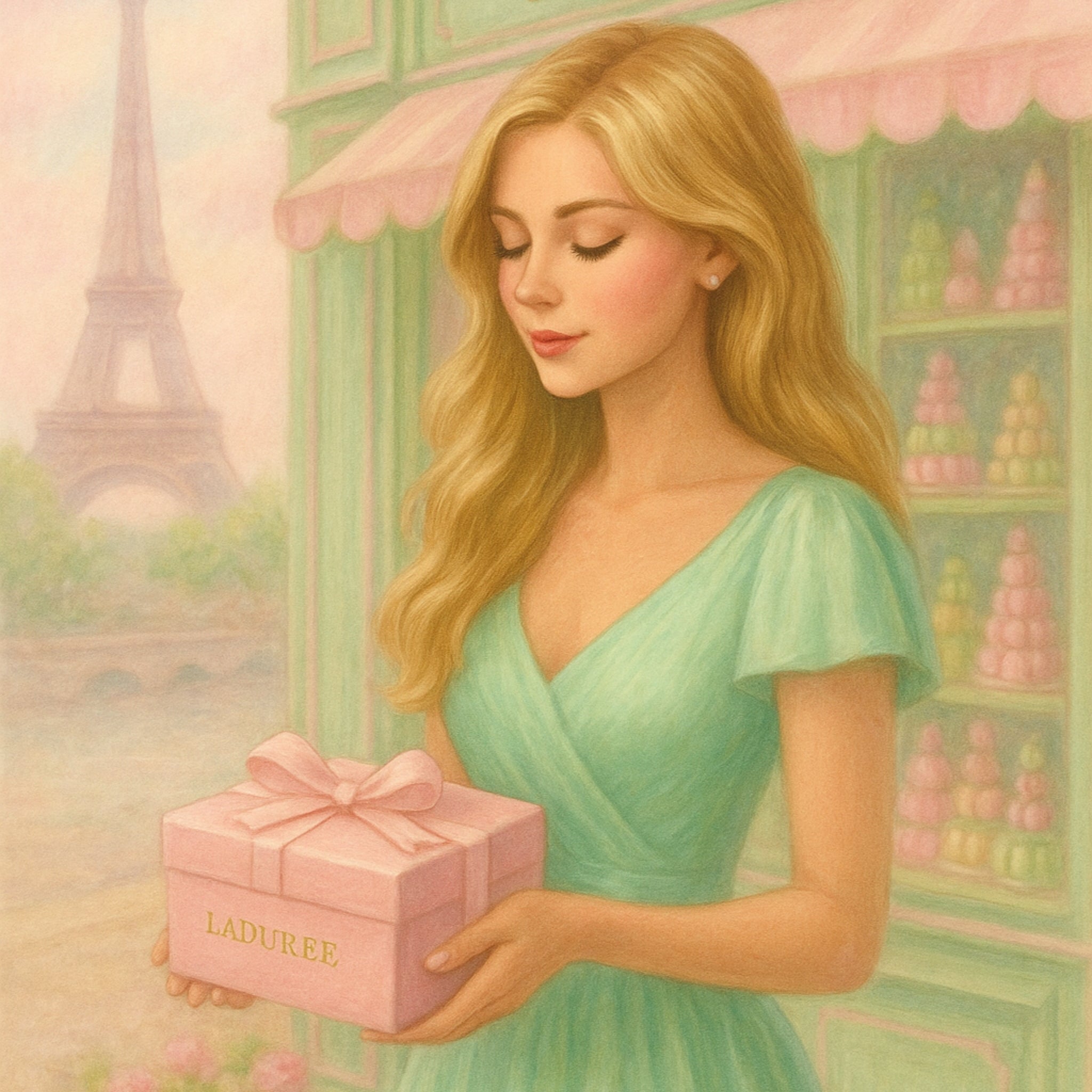 Woman holding a pink Ladurère box with the Eiffel Tower in the background