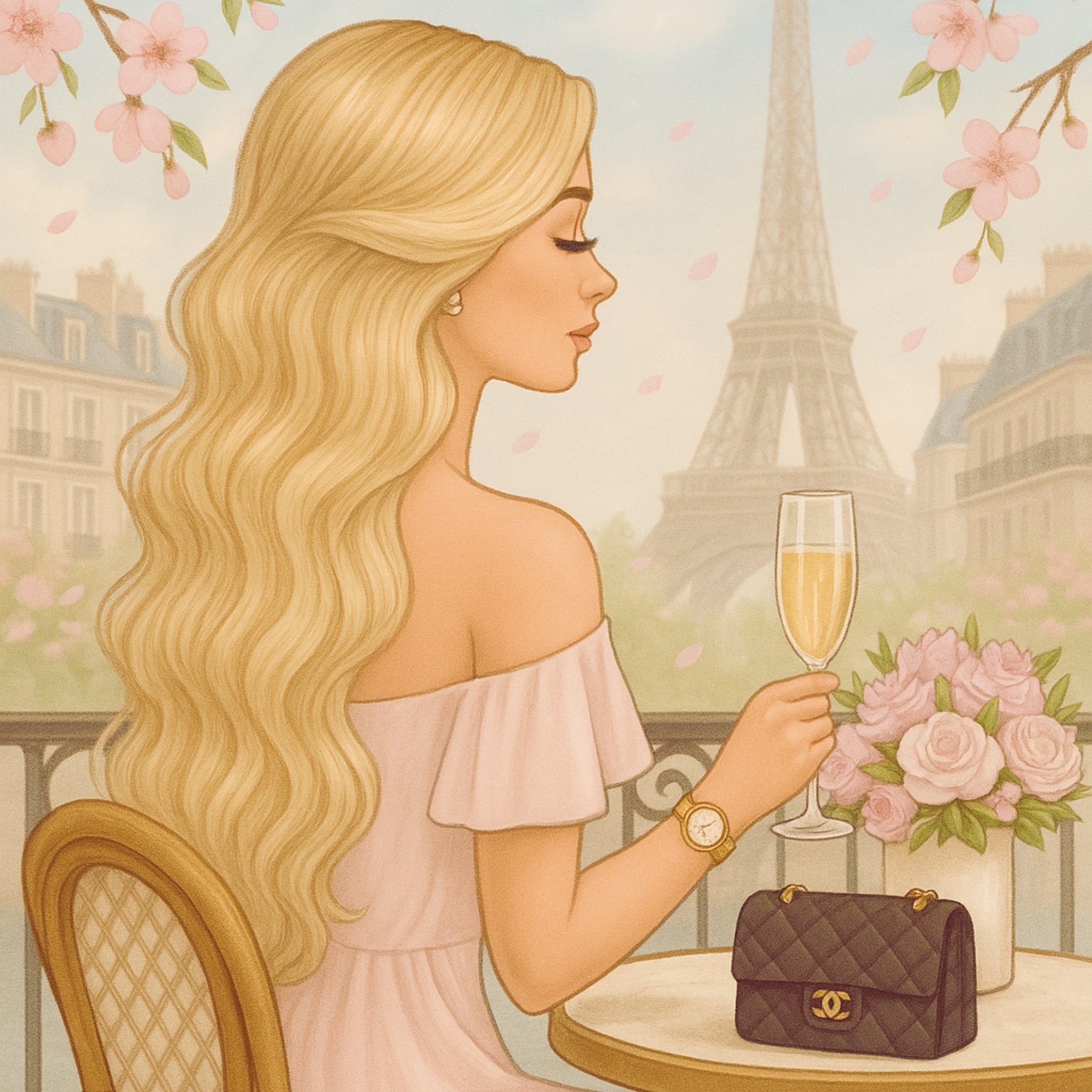 Paris Café Wall Art – Elegant Blonde Woman with Coffee & Croissant | Feminine French Chic Digital Print