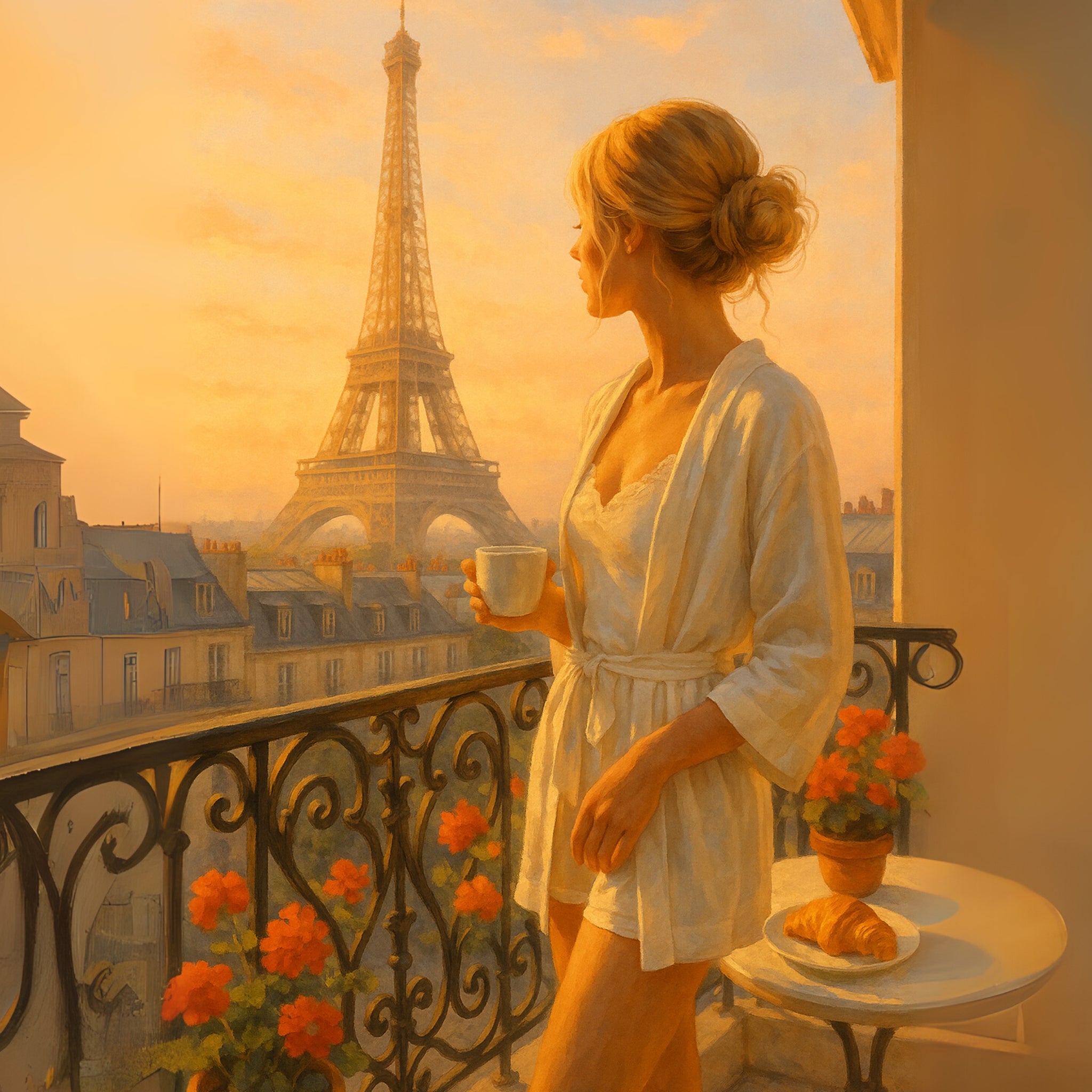 Parisian Morning Wall Art | Eiffel Tower View with Elegant Woman & Coffee | Digital Printable Art