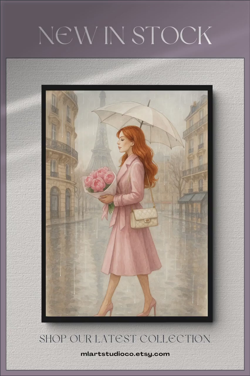 Rainy Day in Paris Wall Art | Redhead Woman with Umbrella | Feminine Paris Fashion Print | Romantic Digital Download