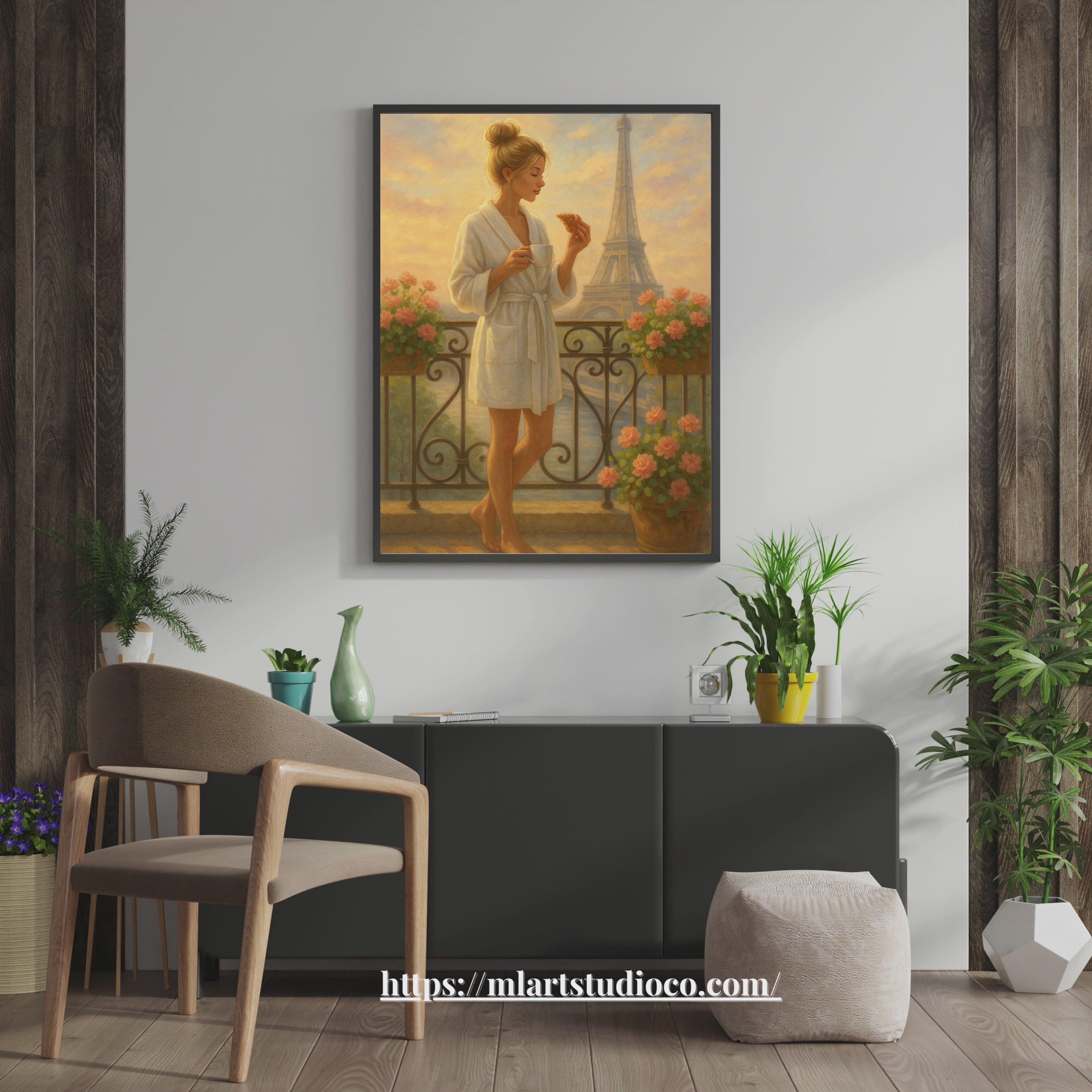 Elegant Paris Balcony Canvas Wall Art – Blonde Fashion Woman, Romantic City View, Matte Stretched Print
