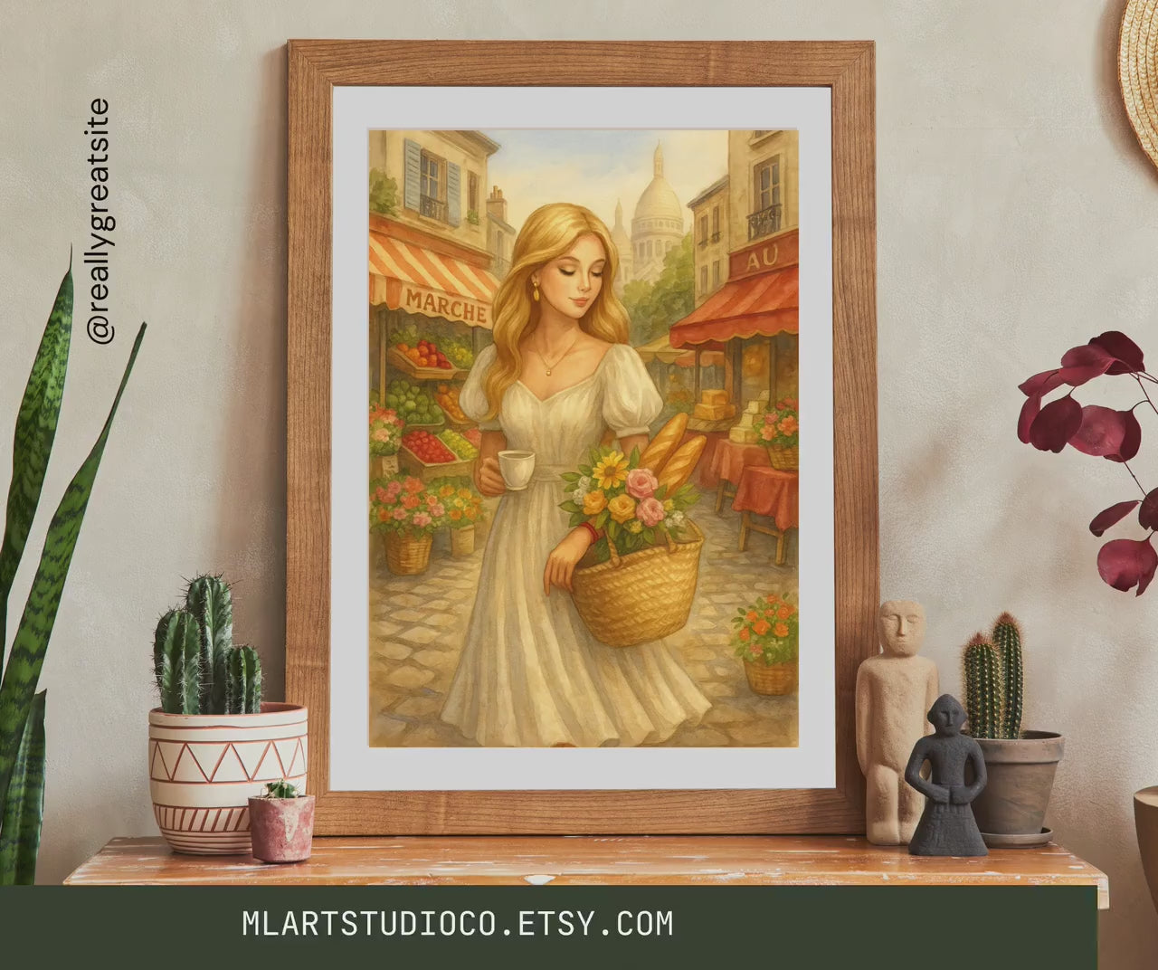 Parisian Market Morning | Blonde Woman with Coffee & Flowers | Romantic French Village Wall Art | Vintage Style Printable
