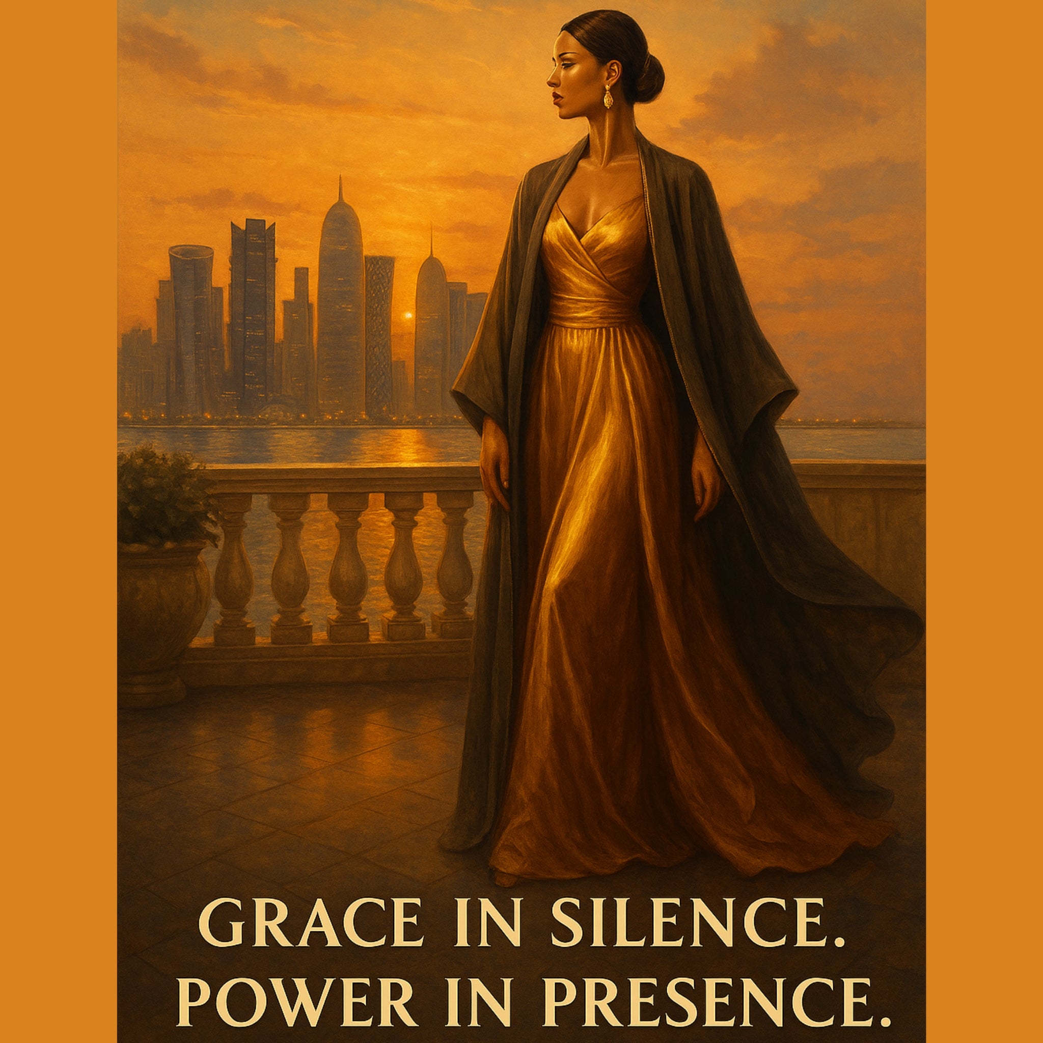 Woman in a gold dress standing on a balcony with a cityscape in the background, with text 'Grace in Silence. Power in Presence.