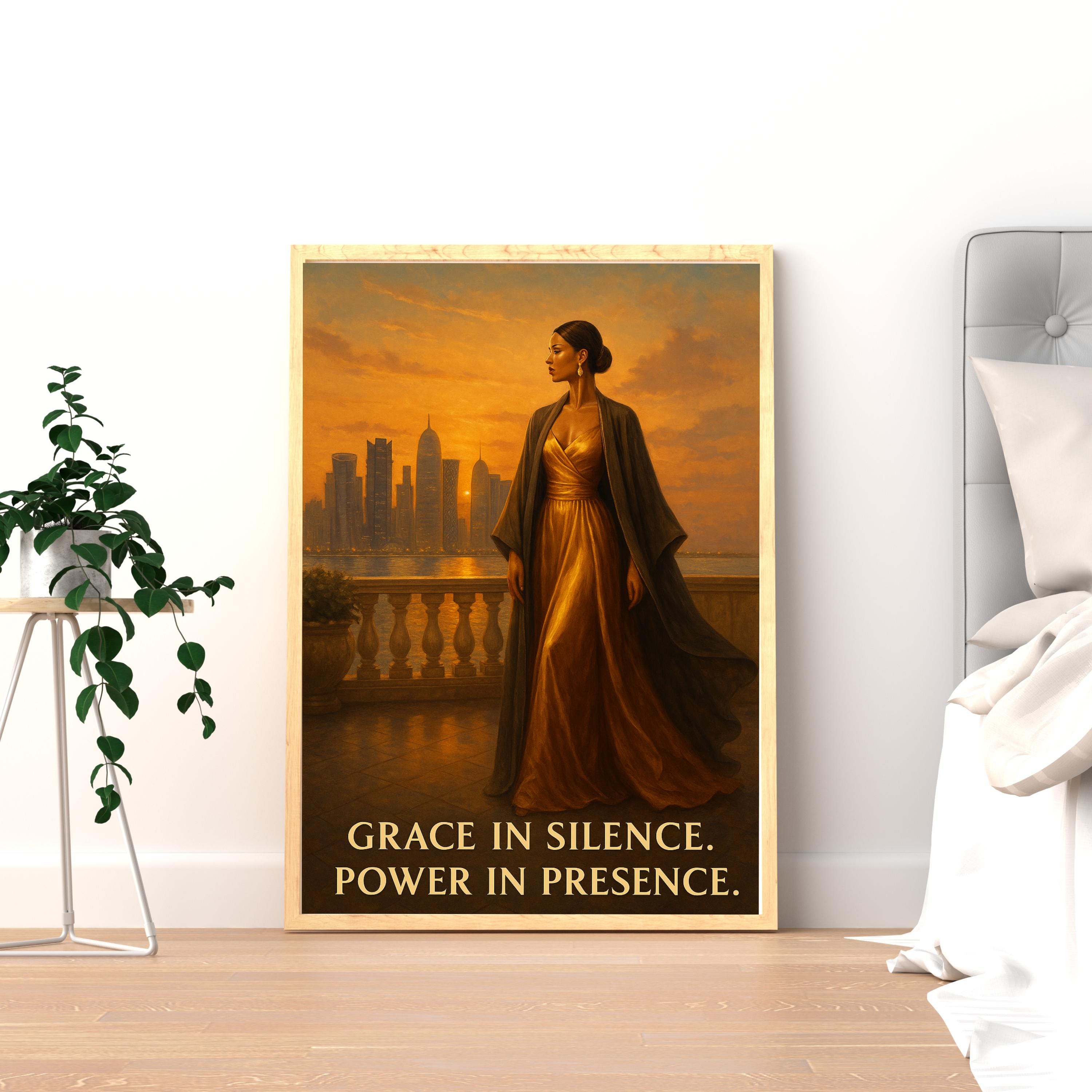 Elegant Woman in Qatar Wall Art – Digital Download | Empowering Sunset Portrait for Office, Bedroom & Luxury Home Decor