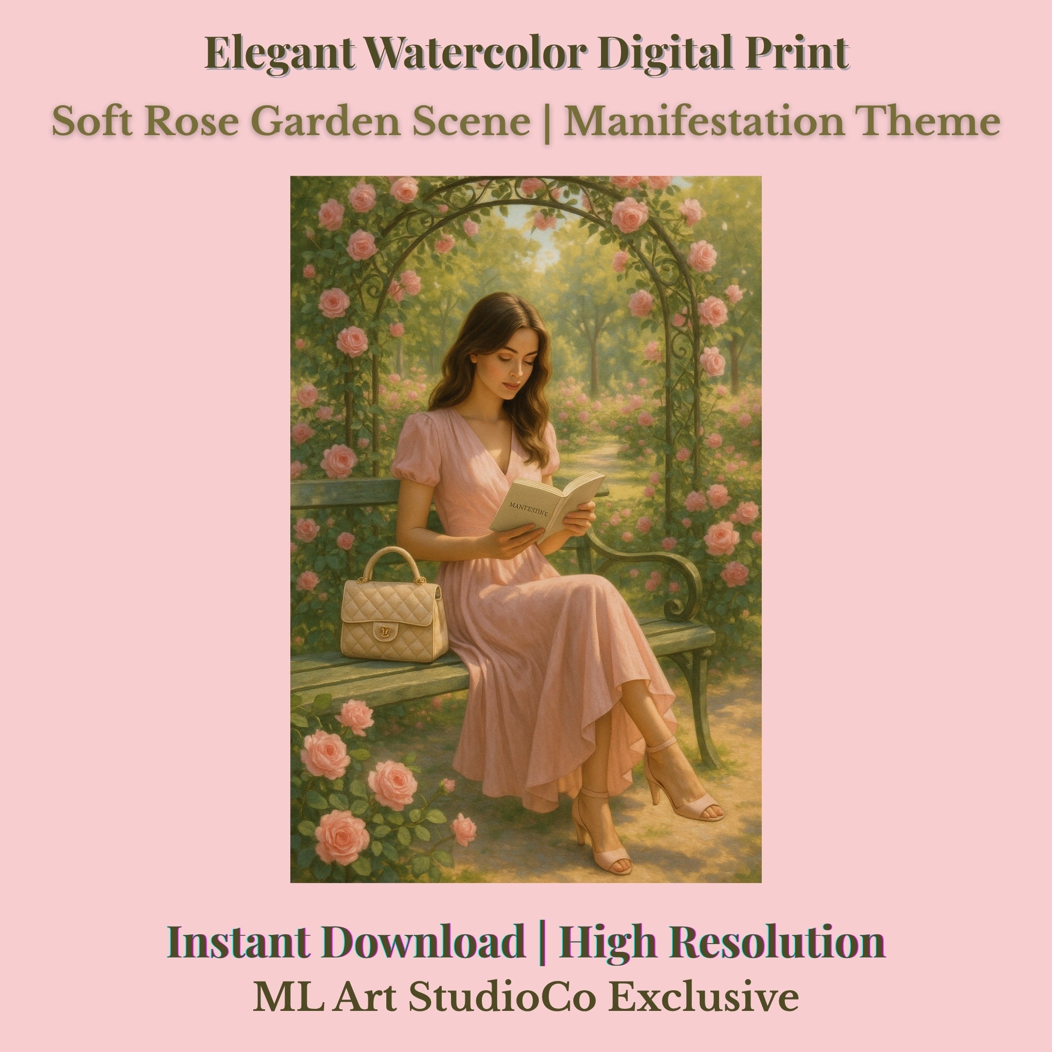 Woman reading a book in a garden with roses, on a pink background with text about an elegant watercolor digital print.