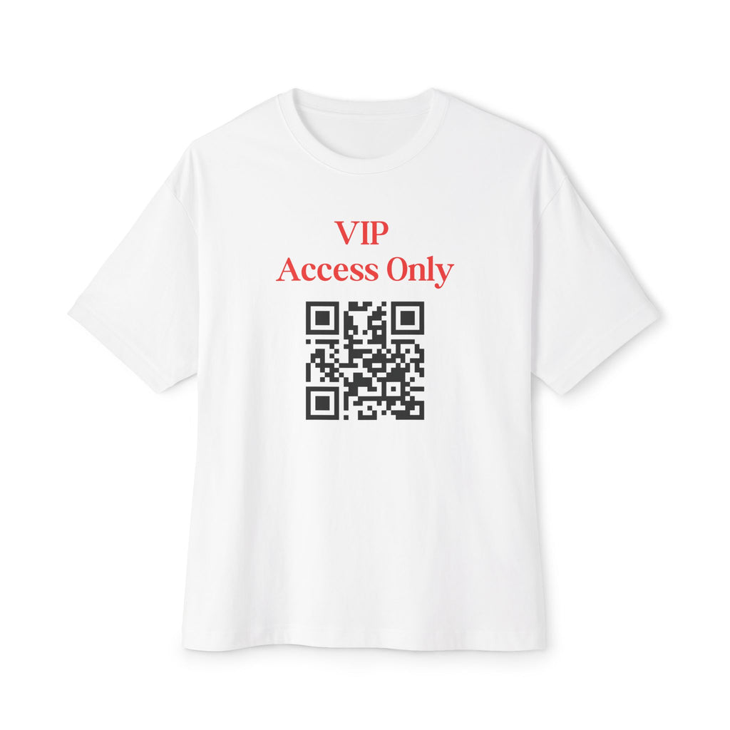 White t-shirt with red 'VIP Access Only' text and a QR code on a white background