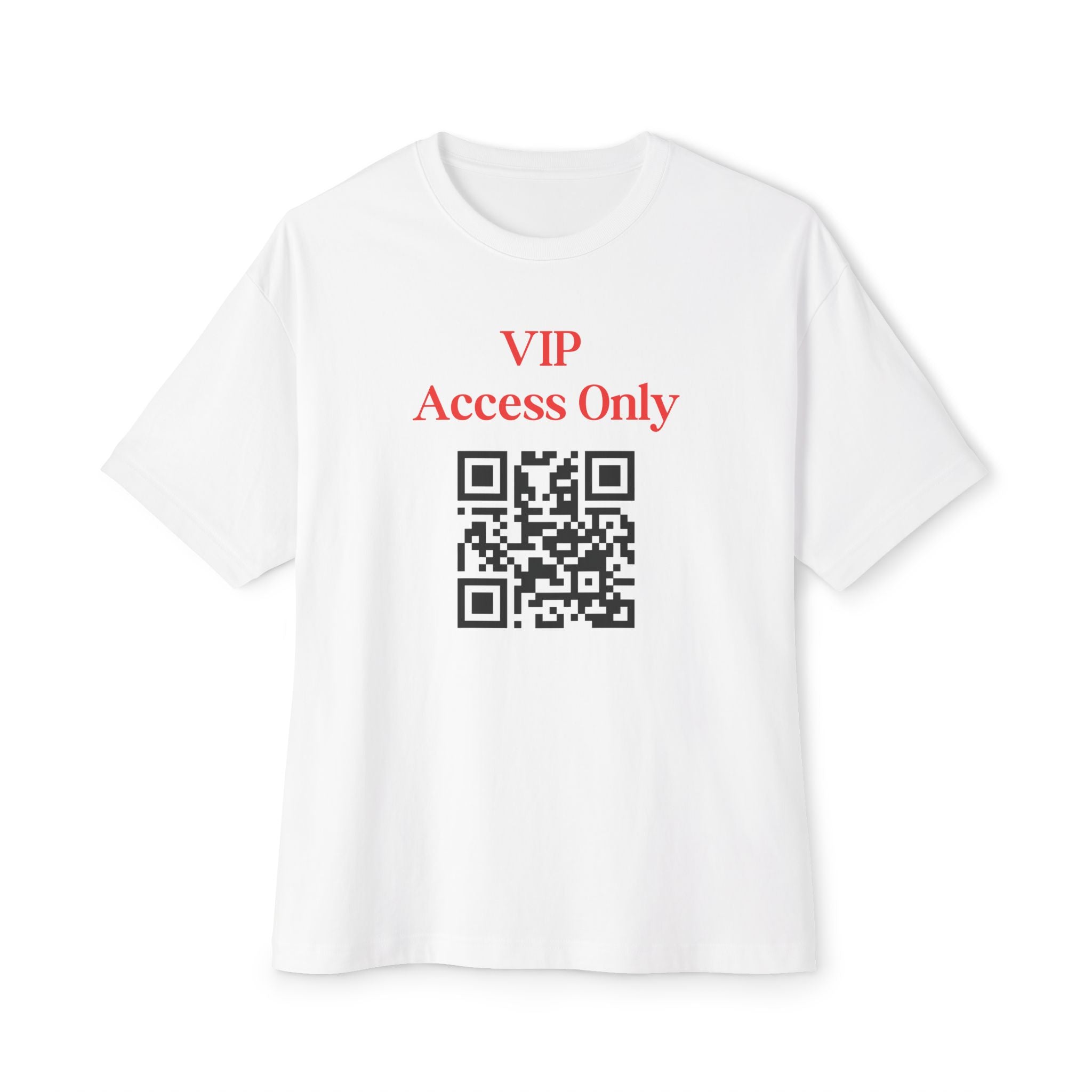White t-shirt with red 'VIP Access Only' text and a QR code on a white background