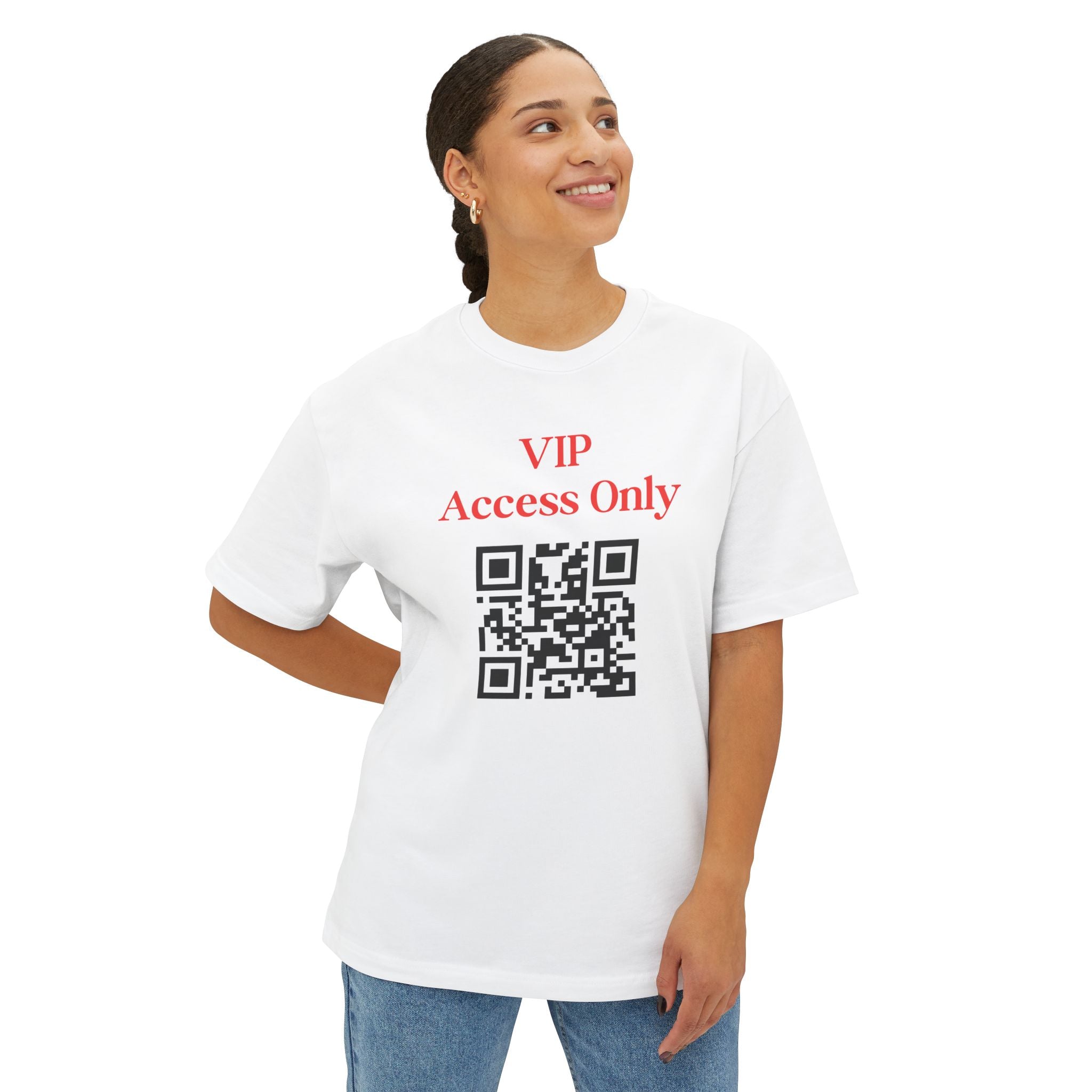 Person wearing a white t-shirt with 'VIP Access Only' and a QR code on a white background
